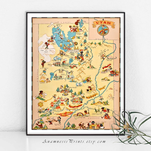 UTAH MAP PRINT- vintage 1930's picture map to frame - fun whimsical gift - illustrator Ruth Taylor White - colorful decor for home or office