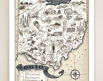 OHIO MAP PRINT - vintage pictorial map of ohio - size & color choices - personalize it - gift idea for many occasions - fun wall decor