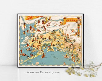 ALASKA MAP PRINT - vintage picture map to frame - perfect housewarming or wedding gift - three sizes available - fun vintage home decor
