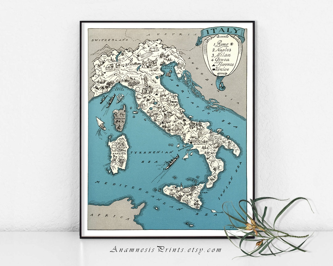 ITALY MAP PRINT - Vintage Picture Map of Italy - Lovely Italian Cottage ...