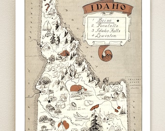 IDAHO PICTURE MAP - shown in sepia color - personalize it - vintage pictorial map to frame - perfect wedding or housewarming gift - wall art