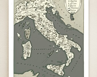 ITALY MAP PRINT - vintage picture map of Italy - lovely Italian cottage decor - framable  art - size & color choices - personalize it