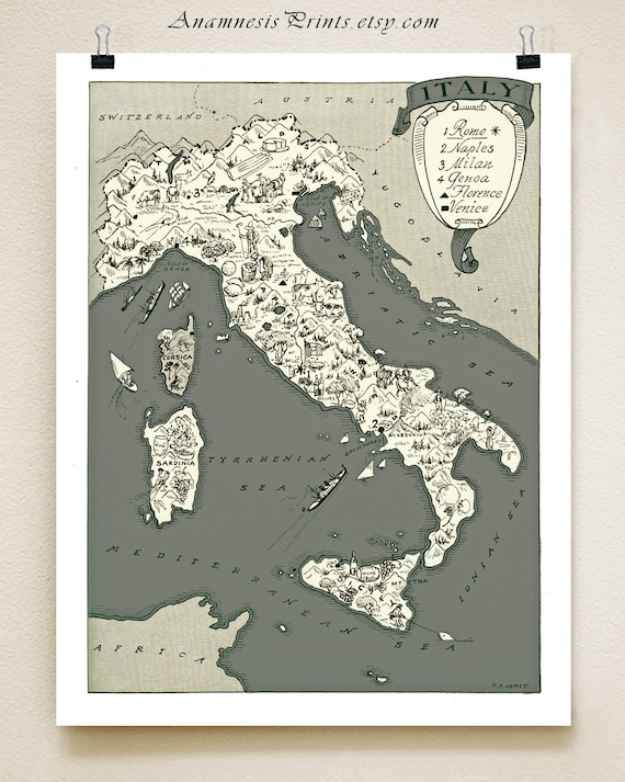 ITALY MAP PRINT vintage picture map of Italy lovely | Etsy