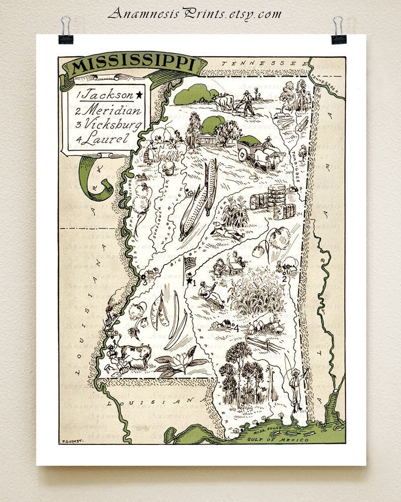 MISSISSIPPI MAP PRINT framable vintage picture map print size & color choices personalize it map art gift perfect for many occasions image 2