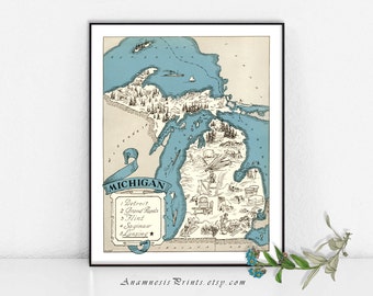 MICHIGAN MAP PRINT - picture map art - personalized artwork - gift idea - vintage home decor - wall artwork - turquoise blue - map drawing
