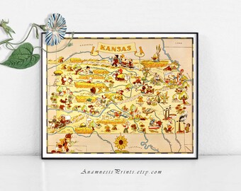 KANSAS MAP PRINT - vintage picture map to frame - perfect housewarming or wedding gift - three sizes available - fun vintage home decor