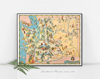 WASHINGTON MAP PRINT - vintage picture map art to frame - wimsical map art print - illustrated by Ruth Taylor White - home and office decor