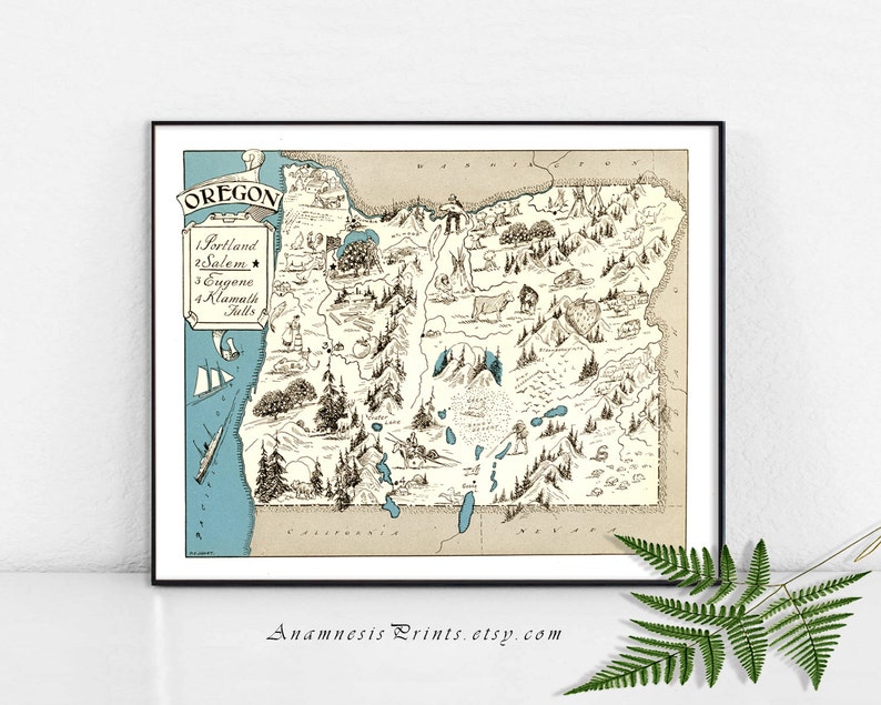 OREGON MAP PRINT lovely pictorial map to frame 3 sizes & 16 color choices may be personalized excellent gift idea for many occasions image 1