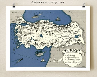 TURKEY MAP PRINT - charming vintage picture map of Turkey - lovely map print to frame - size and color choices - personalize it