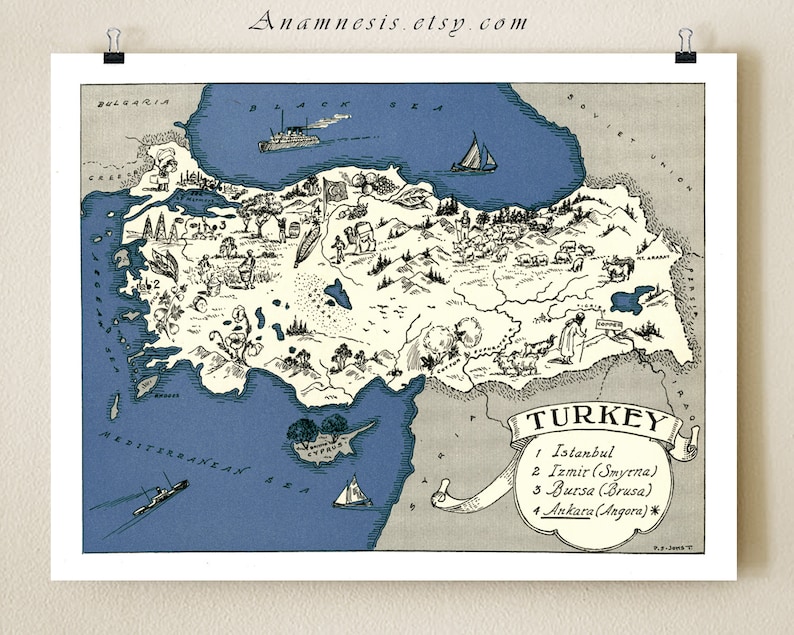 TURKEY MAP PRINT charming vintage picture map of Turkey lovely map print to frame size and color choices personalize it image 1