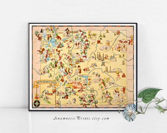 WYOMING MAP PRINT - vintage picture map to frame - fun wimsical map art - illustrated by Ruth Taylor White - lively home and office decor