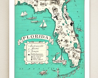 FLORIDA MAP PRINT - shown in sea blue - personalize it - vintage coastal map - fun wedding or housewarming gift - beach house art print