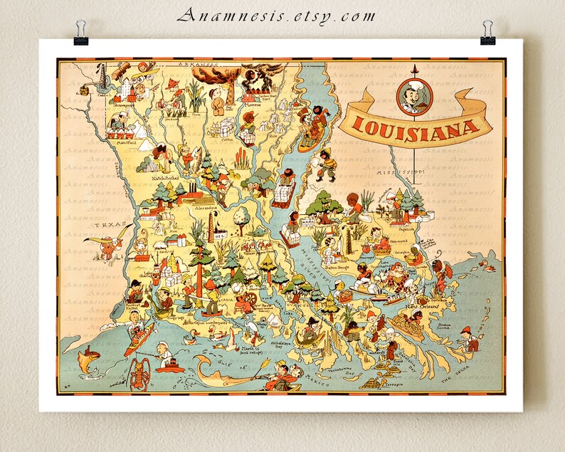 LOUISIANA MAP PRINT Vintage Pictorial Map Illustrated by - Etsy