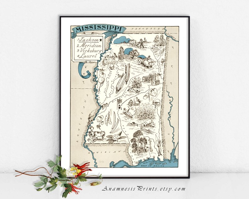 MISSISSIPPI MAP PRINT framable vintage picture map print size & color choices personalize it map art gift perfect for many occasions image 1