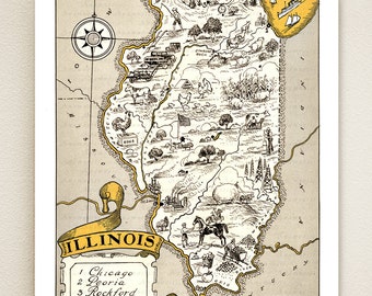 ILLINOIS MAP PRINT - shown in wheat color - personalize it - pictorial vintage map to frame - gift idea for many occasions - lovely wall art