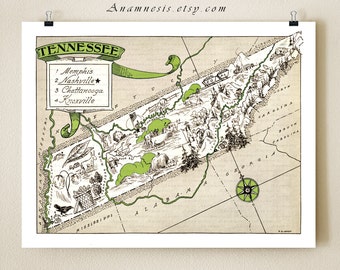 TENNESSEE MAP PRINT - framable vintage pictorial map - perfect gift idea - personalize it - size and color choices - southern home decor