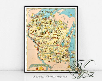 WISCONSIN MAP PRINT - vintage picture map to frame - gift idea - illustrator Ruth Taylor White - colorful home decor wall art -