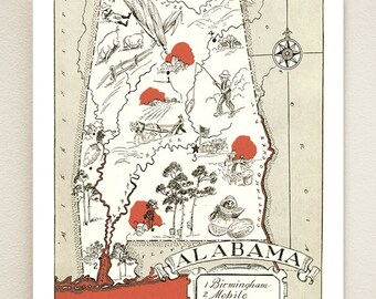 ALABAMA PICTURE MAP - shown in briar color - may be personalized - vintage map print - perfect wedding or housewarming gift - fun home decor