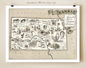 KANSAS MAP PRINT - vintage pictorial map - shown in sand color - personalize it - perfect gift idea for many occasions - wedding map art