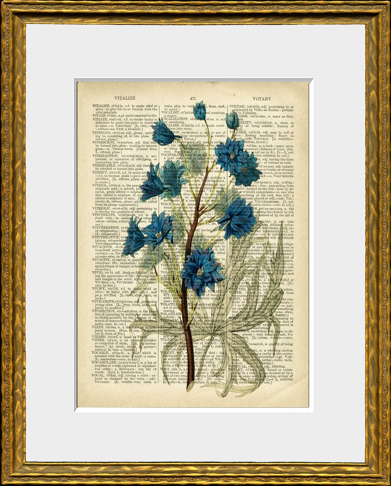 BLUE FLOWERS Recycled Book Page Art Print an Upcycled | Etsy