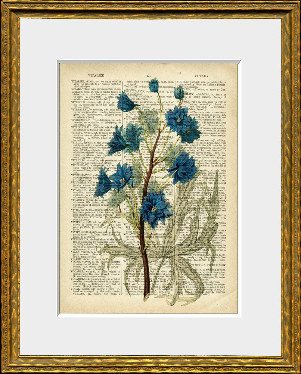 BLUE FLOWERS recycled book page art print an upcycled | Etsy