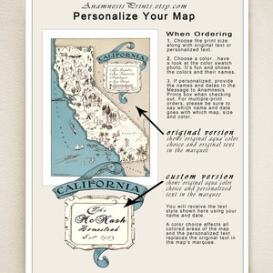 CALIFORNIA MAP print vintage map coastal artwork turquoise blue California wall decor may be personalized 16 color choices image 4