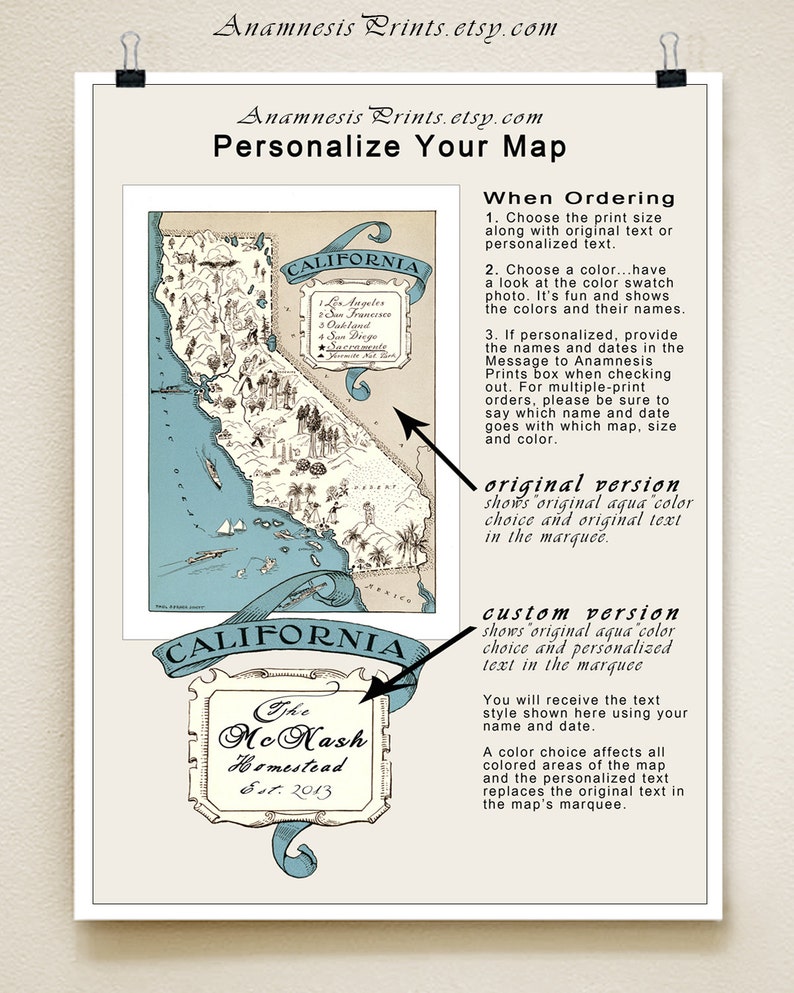 CALIFORNIA MAP print vintage map coastal artwork turquoise blue California wall decor may be personalized 16 color choices image 4