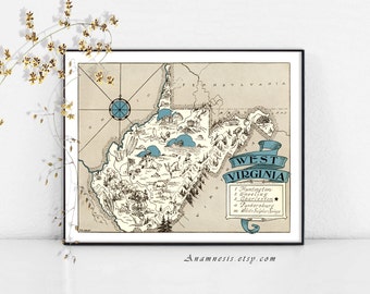 WEST VIRGINIA MAP - vintage pictorial map print to frame - perfect housewarming or wedding gift - size & color choices - personalize it