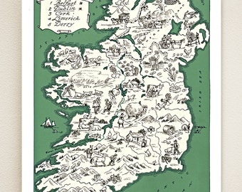 IRELAND MAP PRINT - charming vintage picture map of Ireland - lovely Irish  print to frame - size and color choices - personalize it