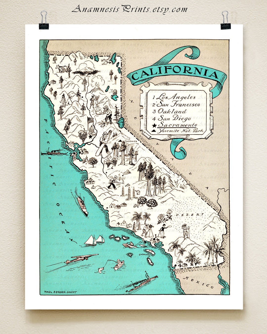 CALIFORNIA MAP Print Vintage Map Coastal Artwork Turquoise Blue