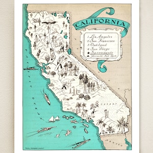 CALIFORNIA MAP print - vintage map - coastal artwork - turquoise blue - California wall decor - may be personalized - 16 color choices