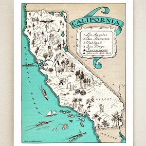 Impression MAP DE LA CALIFORNIE - carte vintage - œuvres d'art côtières - bleu turquoise - décor mural californien - peut être personnalisé - 16 choix de couleurs