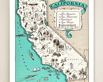 Puede incluir: Una ilustración vintage de un mapa de California con un borde turquesa. El mapa muestra las principales ciudades y puntos de interés, incluyendo Los Angeles, San Francisco, Oakland, San Diego, Sacramento y el Parque Nacional de Yosemite. El texto "CALIFORNIA" está escrito en una fuente decorativa en la parte superior del mapa.