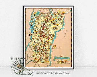 VERMONT MAP PRINT - map art print - vintage picture map for framing and gift giving - illustrator Ruth Taylor White - colorful wall decor