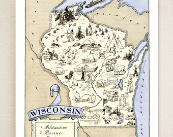 WISCONSIN MAP PRINT - gift idea - picture map wall decor - may be personalized - illustrated map - vintage map - beach house wall decor