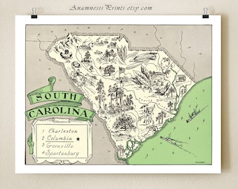 SOUTH CAROLINA MAP - fun 1930's vintage picture map to frame - perfect housewarming or wedding gift - size & color choices - personalize it