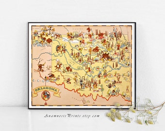 OKLAHOMA MAP PRINT - vintage picture map to frame - wimsical map art - illustrated by Ruth Taylor White - vintage home and office decor