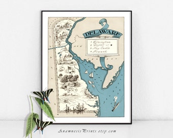 DELAWARE MAP PRINT - size & color choices - personalize it - vintage pictorial map print - perfect gift idea for many occasions - wall art