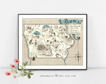 IOWA MAP Print - size & color choices - personalize it - framable map art - perfect vintage map gift for many occasions - wall decor