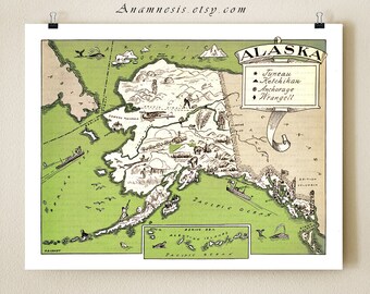 ALASKA MAP PRINT - shown in lime green - personalize it - vintage pictoria map art print - perfect for many gift occasions - home decor