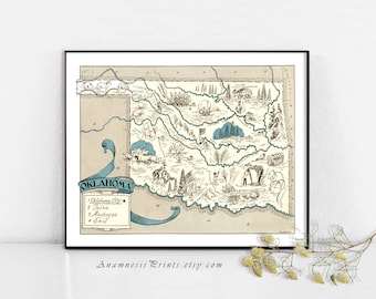 OKLAHOMA MAP PRINT - size & color choices - may be personalized - lovely map print for many gift occasions - framable vintage art wall decor