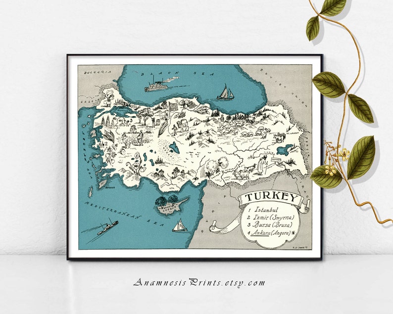 TURKEY MAP PRINT charming vintage picture map of Turkey lovely map print to frame size and color choices personalize it image 2