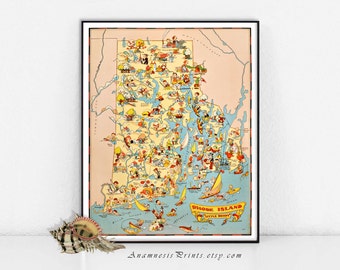 RHODE ISLAND MAP Print - vintage 1930's picture map to frame - illustrator Ruth Taylor White - colorful decor for home or office