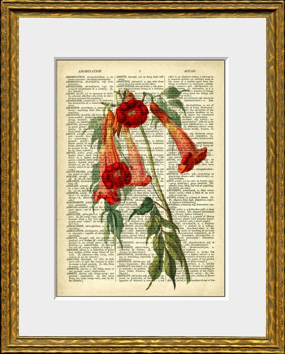 CRIMSON FLOWER Recycled Book Page Art Print an Upcycled | Etsy