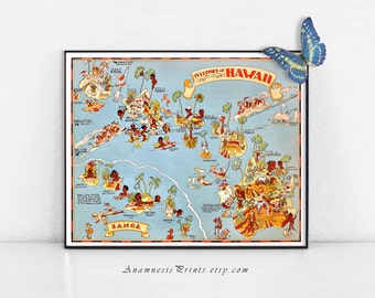 HAWAII MAP PRINT - vintage pictorial map of Hawaii - Territory of Hawaii - Samoa - illustrated by Ruth Taylor White - beach house wall art