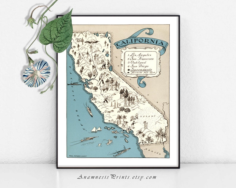 CALIFORNIA MAP print vintage map coastal artwork turquoise blue California wall decor may be personalized 16 color choices image 2