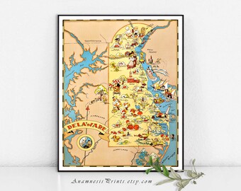 DELAWARE MAP PRINT - vintage picture map wall decor - perfect housewarming or wedding gift - three sizes available - fun vintage home decor