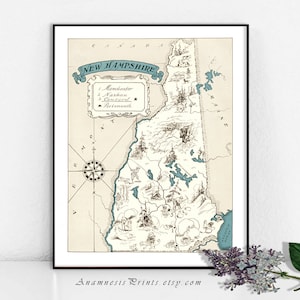 NEUE HAMPSHIRE MAP - Vintage Bild Karte Druck zu Rahmen - Spaß Geschenk für viele Gelegenheiten - Größe & Farbe Auswahl - personalisieren Sie es - Wand-Dekor