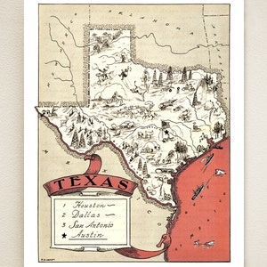 TEXAS MAP PRINT - fun vintage picture map print to frame - perfect gift for many occasions - size & color choices - personalize your print