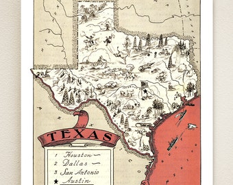 TEXAS MAP PRINT - fun vintage picture map print to frame - perfect gift for many occasions - size & color choices - personalize your print